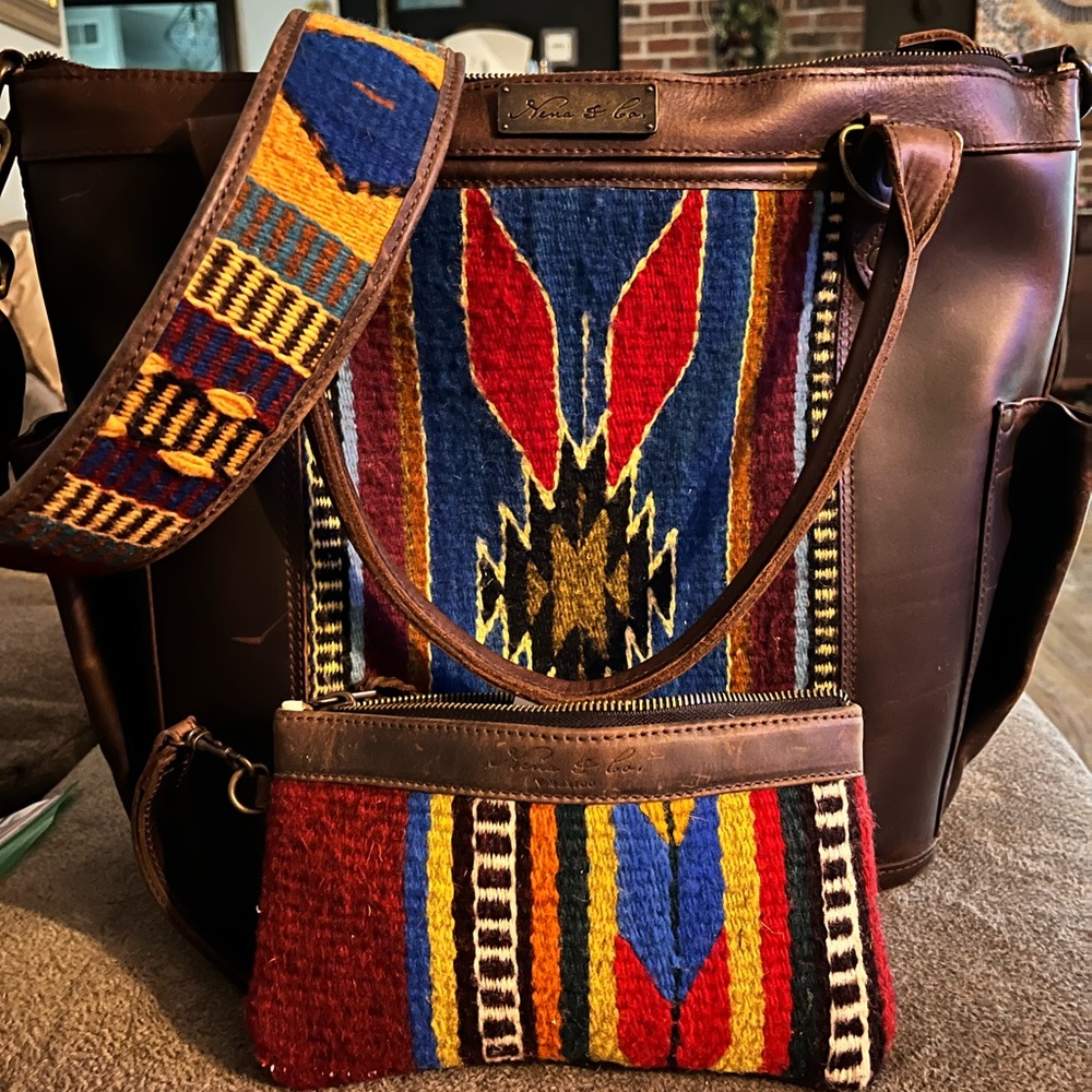 Nena & Co. Brown Leather Tote with Multicolor Southwestern Stripe Accents - Picture 6 of 7